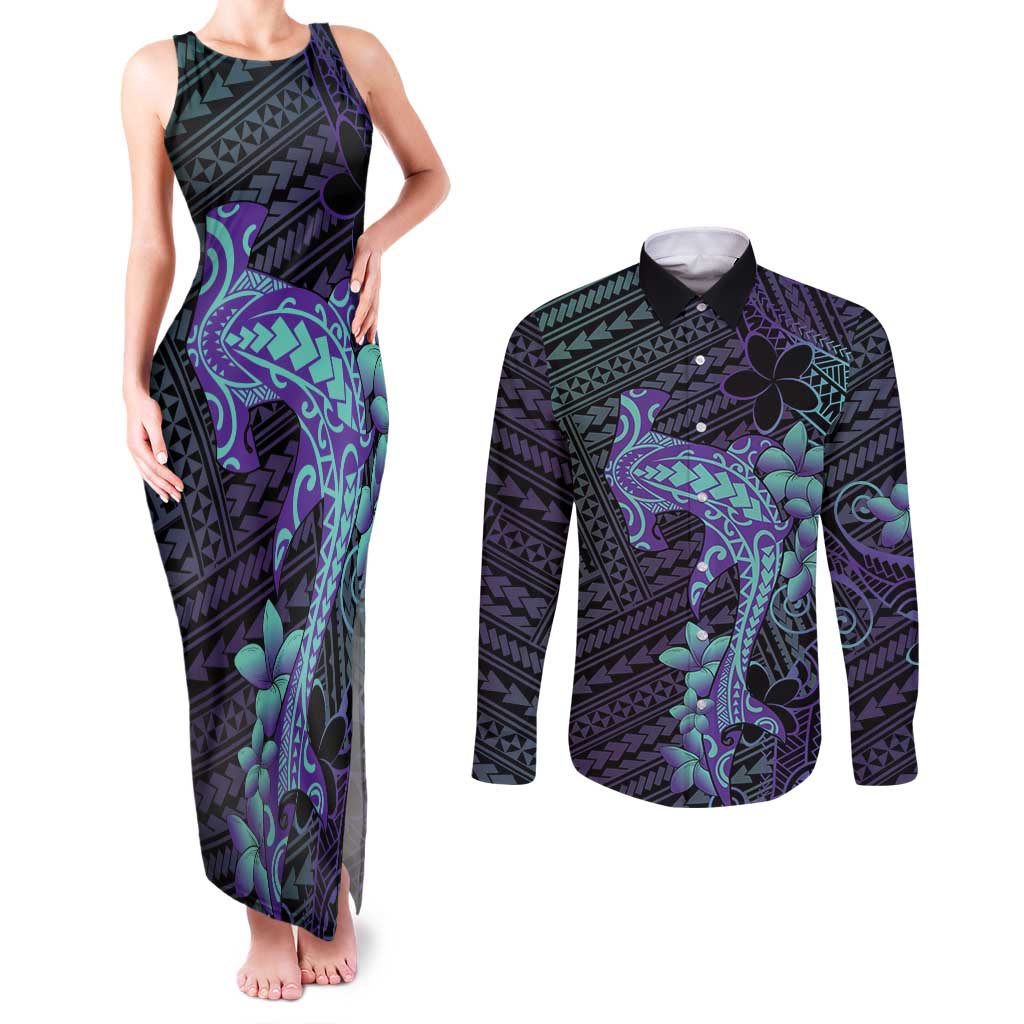 Purple Paradise Hawaii Couples Matching Tank Maxi Dress and Long Sleeve Button Shirt Hammerhead Shark Tattoo Curve Polynesian - Polynesian Pride