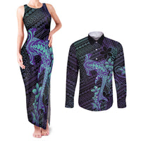 Purple Paradise Hawaii Couples Matching Tank Maxi Dress and Long Sleeve Button Shirt Hammerhead Shark Tattoo Curve Polynesian - Polynesian Pride