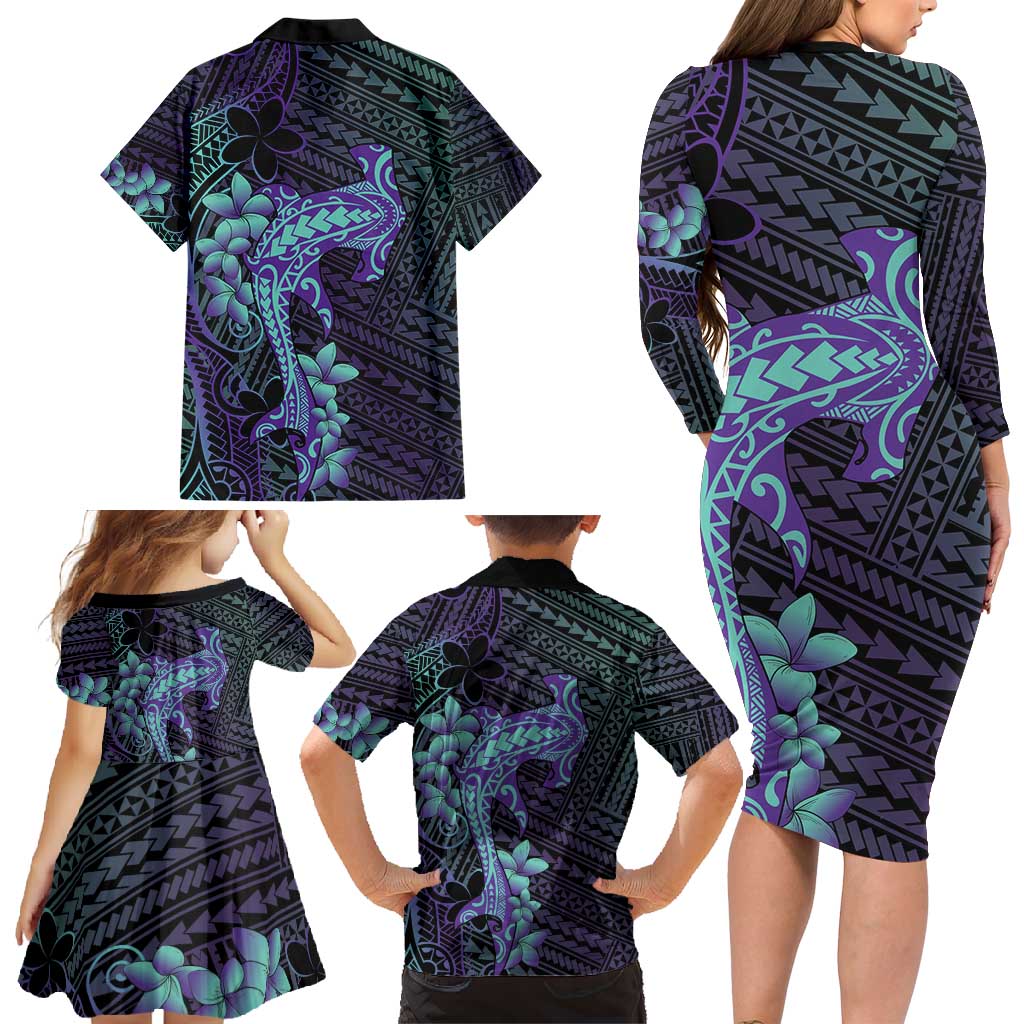 Purple Paradise Hawaii Family Matching Long Sleeve Bodycon Dress and Hawaiian Shirt Hammerhead Shark Tattoo Curve Polynesian LT14 - Polynesian Pride