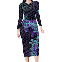 Purple Paradise Hawaii Family Matching Long Sleeve Bodycon Dress and Hawaiian Shirt Hammerhead Shark Tattoo Curve Polynesian LT14 Mom's Dress Purple - Polynesian Pride