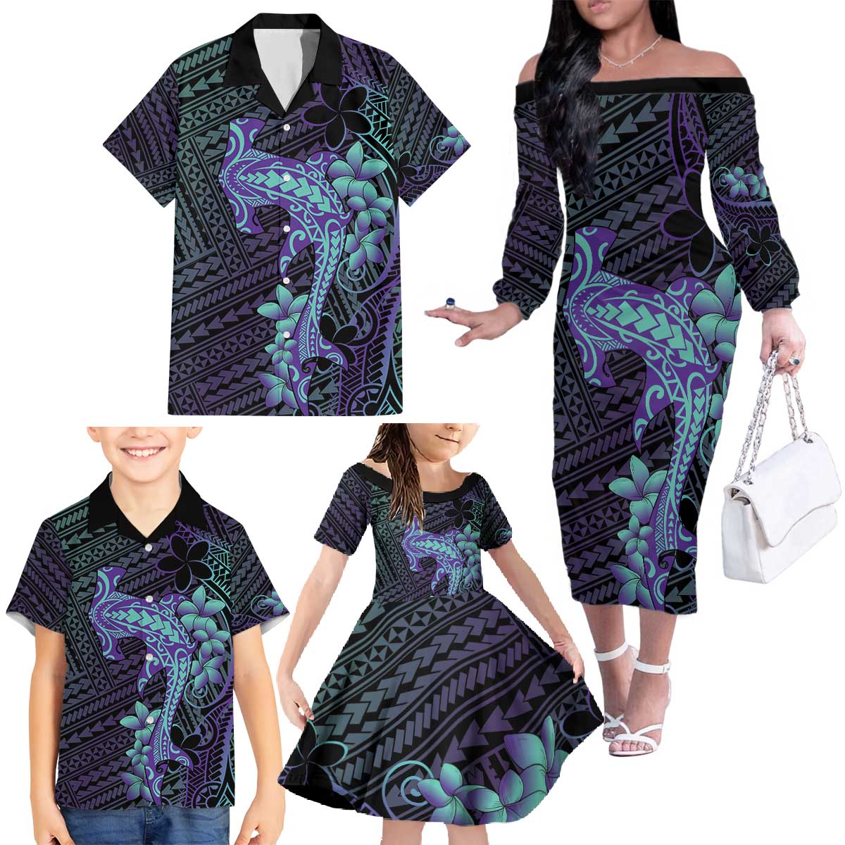 Purple Paradise Hawaii Family Matching Off The Shoulder Long Sleeve Dress and Hawaiian Shirt Hammerhead Shark Tattoo Curve Polynesian LT14 - Polynesian Pride