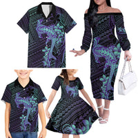 Purple Paradise Hawaii Family Matching Off The Shoulder Long Sleeve Dress and Hawaiian Shirt Hammerhead Shark Tattoo Curve Polynesian LT14 - Polynesian Pride