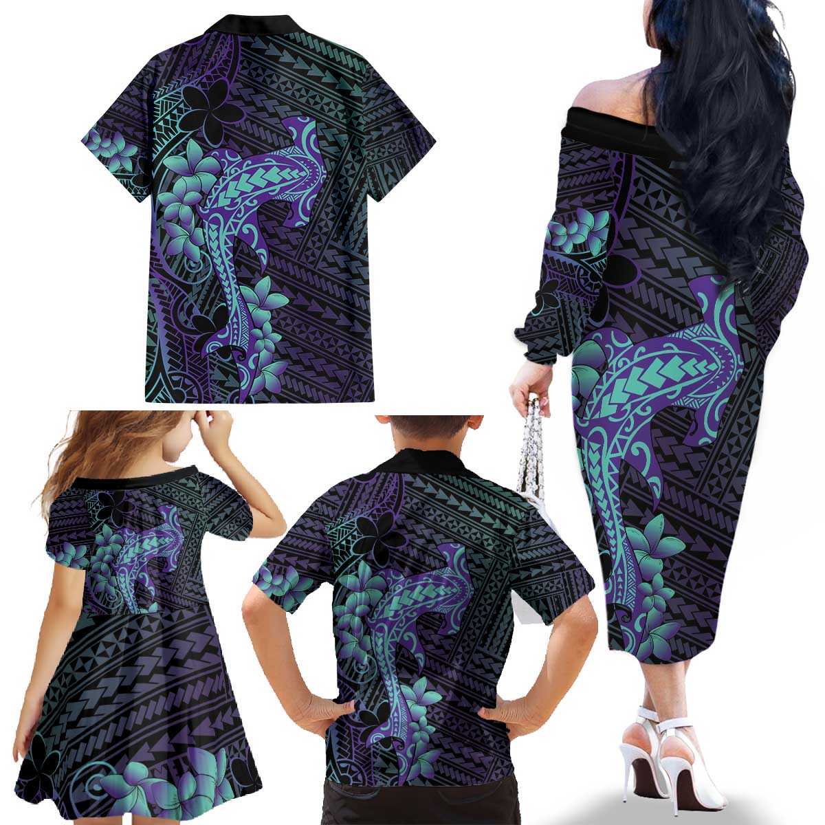 Purple Paradise Hawaii Family Matching Off The Shoulder Long Sleeve Dress and Hawaiian Shirt Hammerhead Shark Tattoo Curve Polynesian LT14 - Polynesian Pride