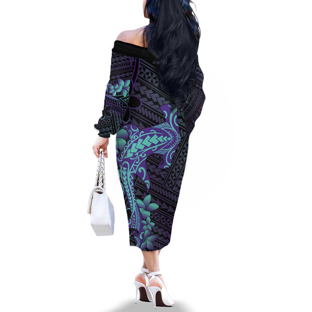 Purple Paradise Hawaii Family Matching Off The Shoulder Long Sleeve Dress and Hawaiian Shirt Hammerhead Shark Tattoo Curve Polynesian LT14 - Polynesian Pride
