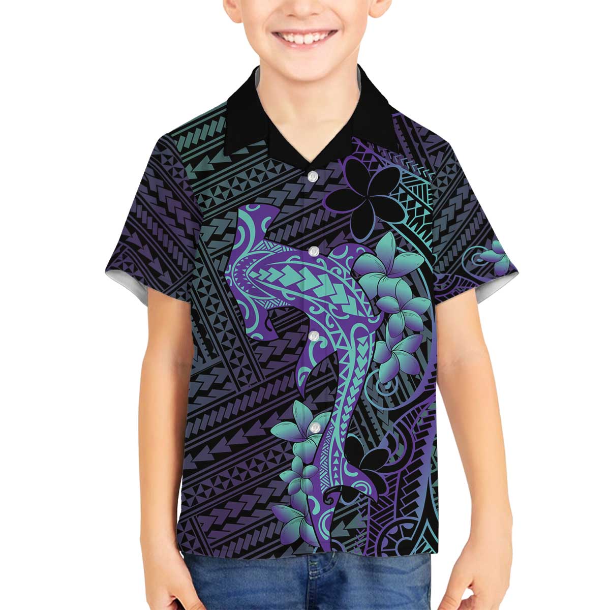 Purple Paradise Hawaii Family Matching Off The Shoulder Long Sleeve Dress and Hawaiian Shirt Hammerhead Shark Tattoo Curve Polynesian LT14 Son's Shirt Purple - Polynesian Pride