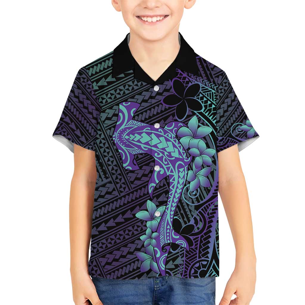 Purple Paradise Hawaii Family Matching Off Shoulder Maxi Dress and Hawaiian Shirt Hammerhead Shark Tattoo Curve Polynesian LT14 Son's Shirt Purple - Polynesian Pride