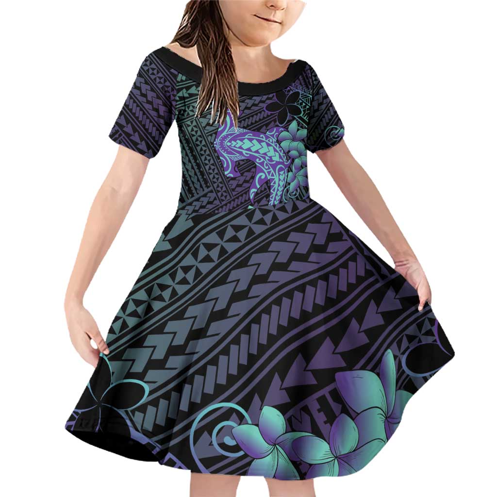 Purple Paradise Hawaii Family Matching Off Shoulder Short Dress and Hawaiian Shirt Hammerhead Shark Tattoo Curve Polynesian LT14 Daughter's Dress Purple - Polynesian Pride