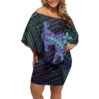 Purple Paradise Hawaii Family Matching Off Shoulder Short Dress and Hawaiian Shirt Hammerhead Shark Tattoo Curve Polynesian LT14 Mom's Dress Purple - Polynesian Pride