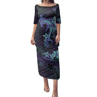 Purple Paradise Hawaii Family Matching Puletasi and Hawaiian Shirt Hammerhead Shark Tattoo Curve Polynesian LT14 Mom's Dress Purple - Polynesian Pride