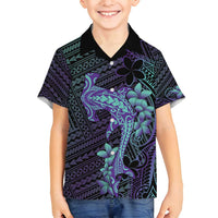 Purple Paradise Hawaii Family Matching Summer Maxi Dress and Hawaiian Shirt Hammerhead Shark Tattoo Curve Polynesian LT14 Son's Shirt Purple - Polynesian Pride