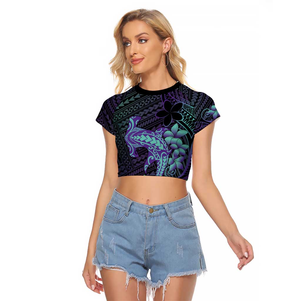 Purple Paradise Hawaii Raglan Cropped T Shirt Hammerhead Shark Tattoo Curve Polynesian - Polynesian Pride