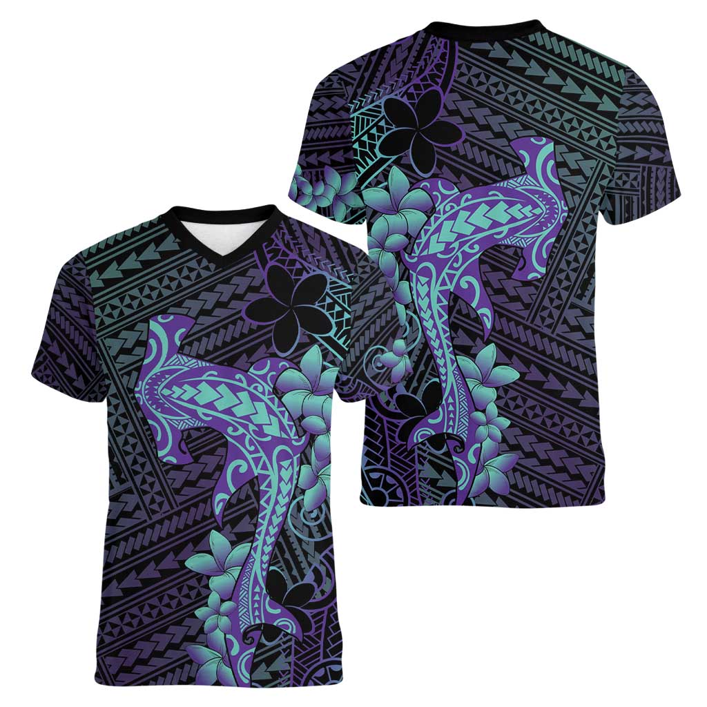 Purple Paradise Hawaii Women V-Neck T-Shirt Hammerhead Shark Tattoo Curve Polynesian - Polynesian Pride