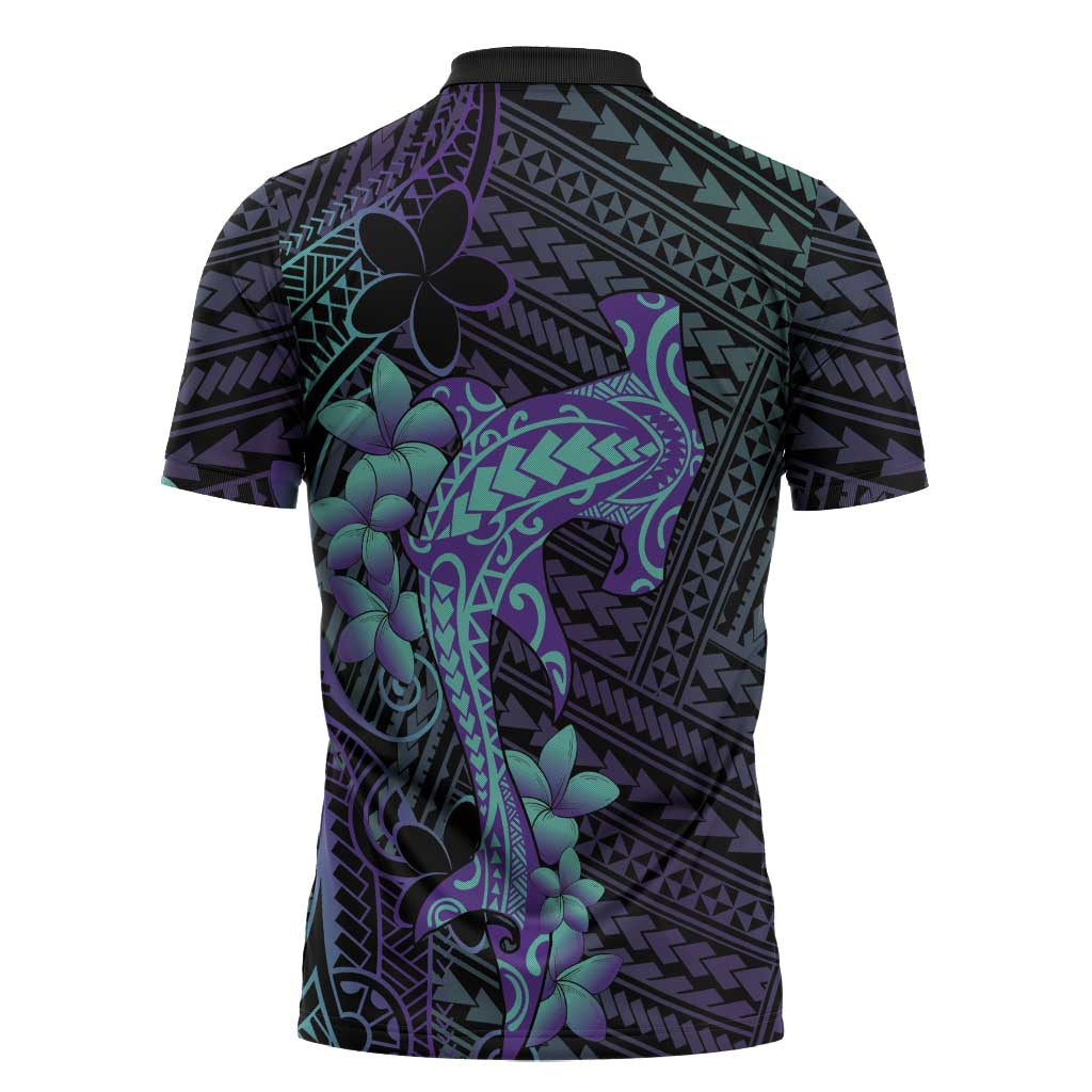 Purple Paradise Hawaii Zipper Polo Shirt Hammerhead Shark Tattoo Curve Polynesian - Polynesian Pride
