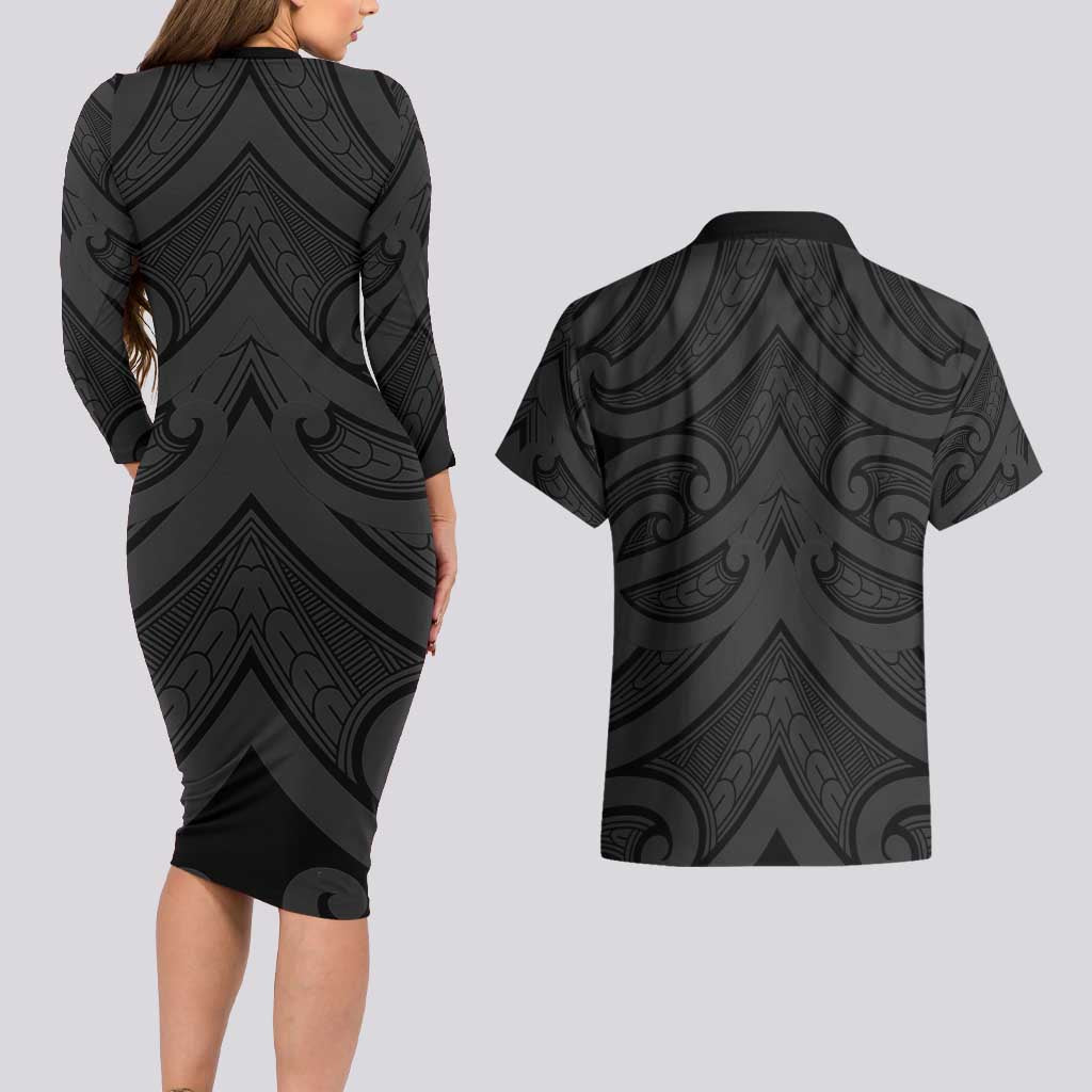 Poutama Korowai New Zealand Couples Matching Long Sleeve Bodycon Dress and Hawaiian Shirt Aotearoa Maori Tattoo LT14 - Polynesian Pride
