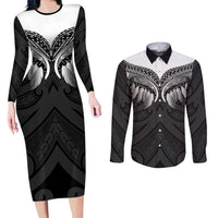 Poutama Korowai New Zealand Couples Matching Long Sleeve Bodycon Dress and Long Sleeve Button Shirt Aotearoa Maori Tattoo LT14 Black - Polynesian Pride