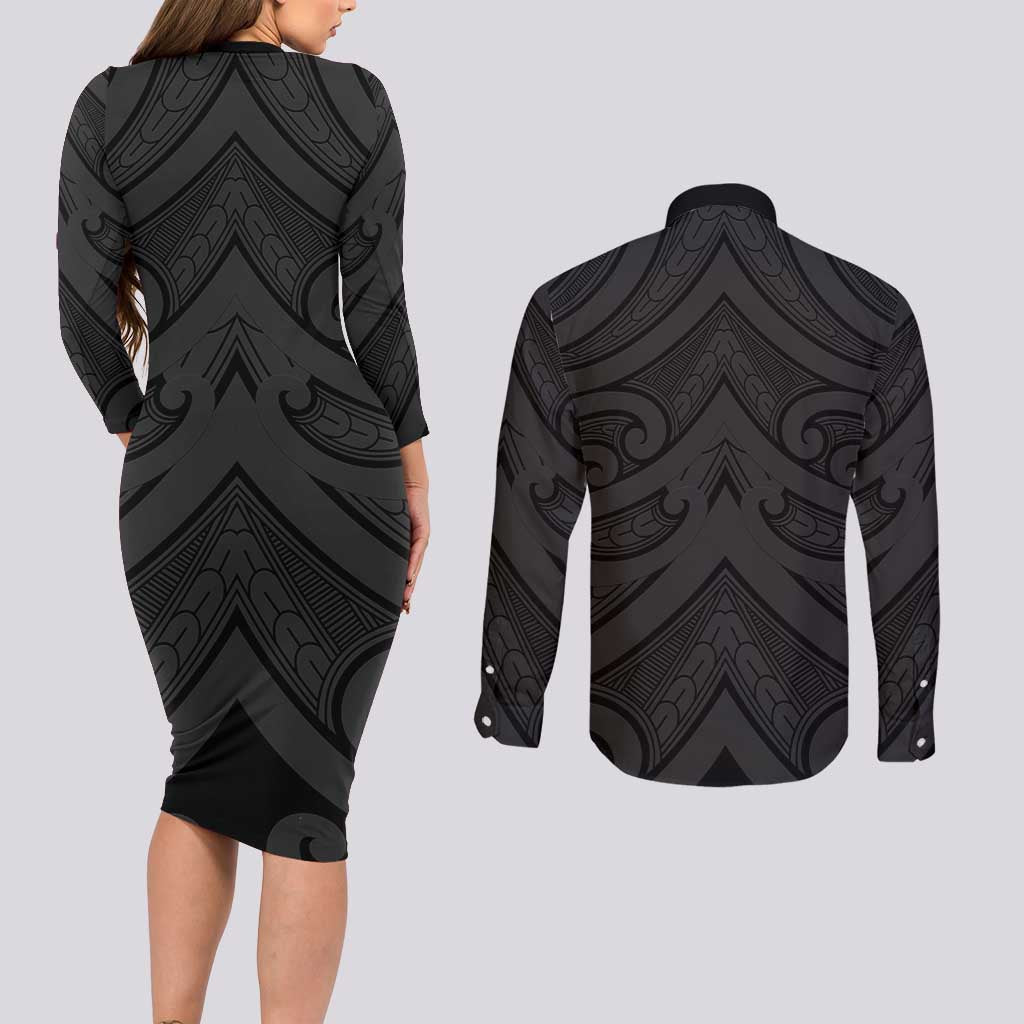 Poutama Korowai New Zealand Couples Matching Long Sleeve Bodycon Dress and Long Sleeve Button Shirt Aotearoa Maori Tattoo LT14 - Polynesian Pride