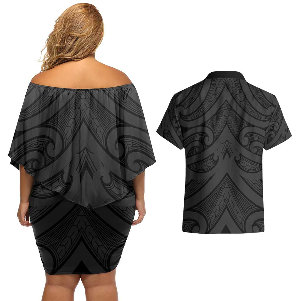 Poutama Korowai New Zealand Couples Matching Off Shoulder Short Dress and Hawaiian Shirt Aotearoa Maori Tattoo LT14 - Polynesian Pride