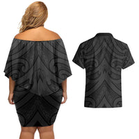 Poutama Korowai New Zealand Couples Matching Off Shoulder Short Dress and Hawaiian Shirt Aotearoa Maori Tattoo LT14 - Polynesian Pride