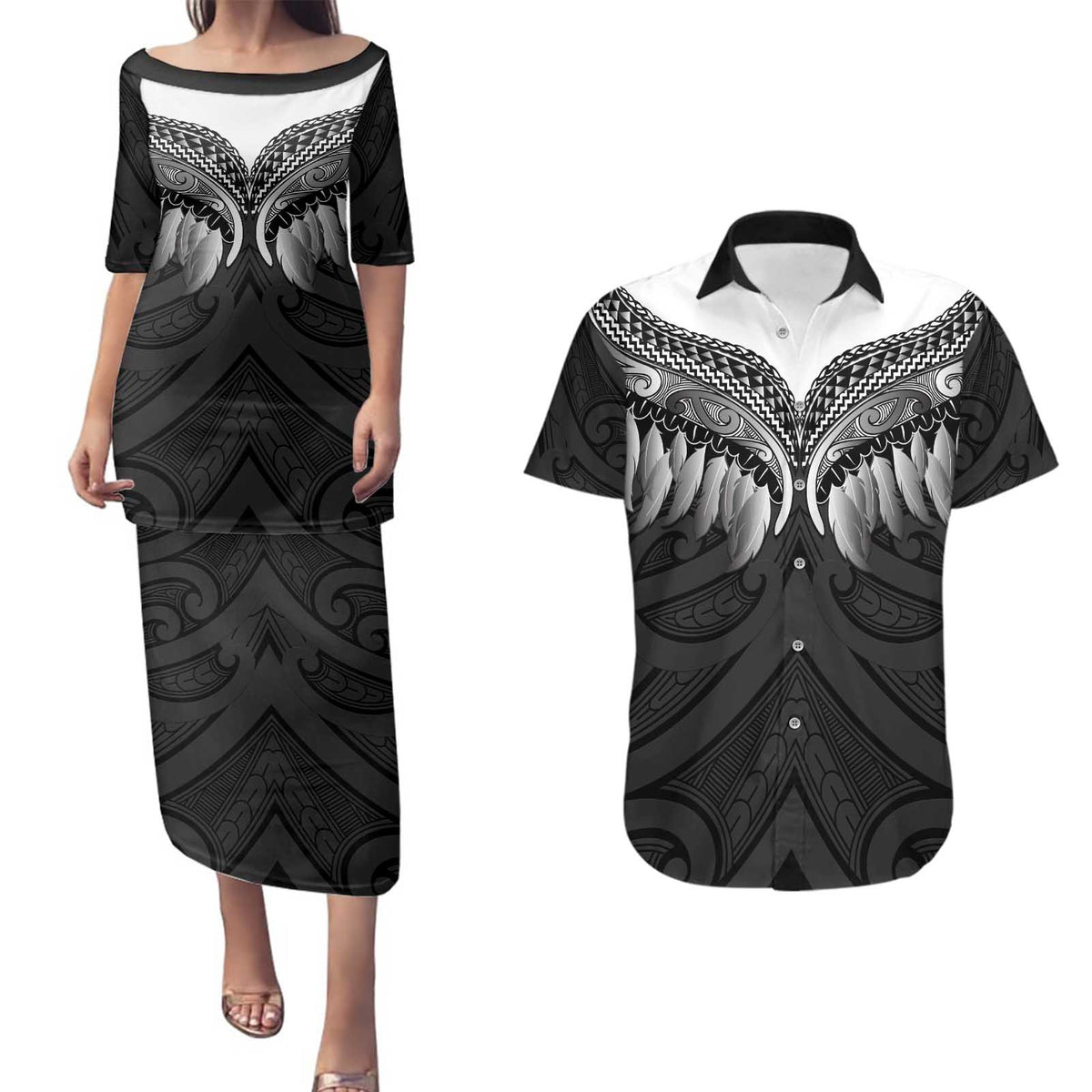 Poutama Korowai New Zealand Couples Matching Puletasi and Hawaiian Shirt Aotearoa Maori Tattoo LT14 Black - Polynesian Pride