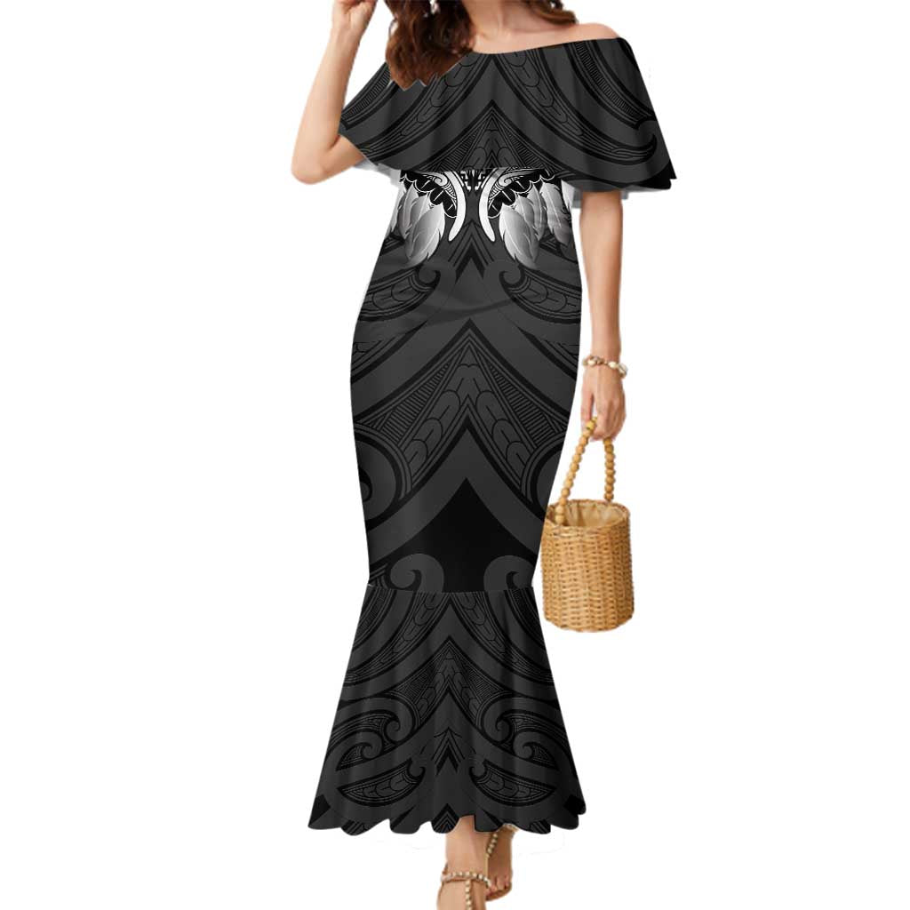Poutama Korowai New Zealand Family Matching Mermaid Dress and Hawaiian Shirt Aotearoa Maori Tattoo LT14 Mom's Dress Black - Polynesian Pride