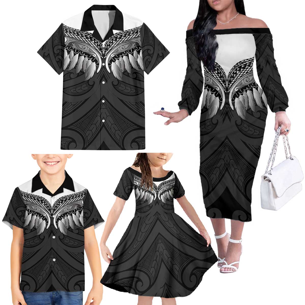 Poutama Korowai New Zealand Family Matching Off The Shoulder Long Sleeve Dress and Hawaiian Shirt Aotearoa Maori Tattoo LT14 - Polynesian Pride