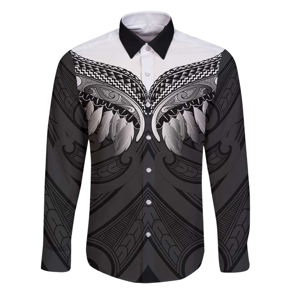 Poutama Korowai New Zealand Family Matching Off Shoulder Maxi Dress and Hawaiian Shirt Aotearoa Maori Tattoo LT14 Dad's Shirt - Long Sleeve Black - Polynesian Pride