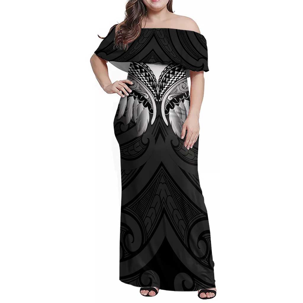 Poutama Korowai New Zealand Family Matching Off Shoulder Maxi Dress and Hawaiian Shirt Aotearoa Maori Tattoo LT14 Mom's Dress Black - Polynesian Pride