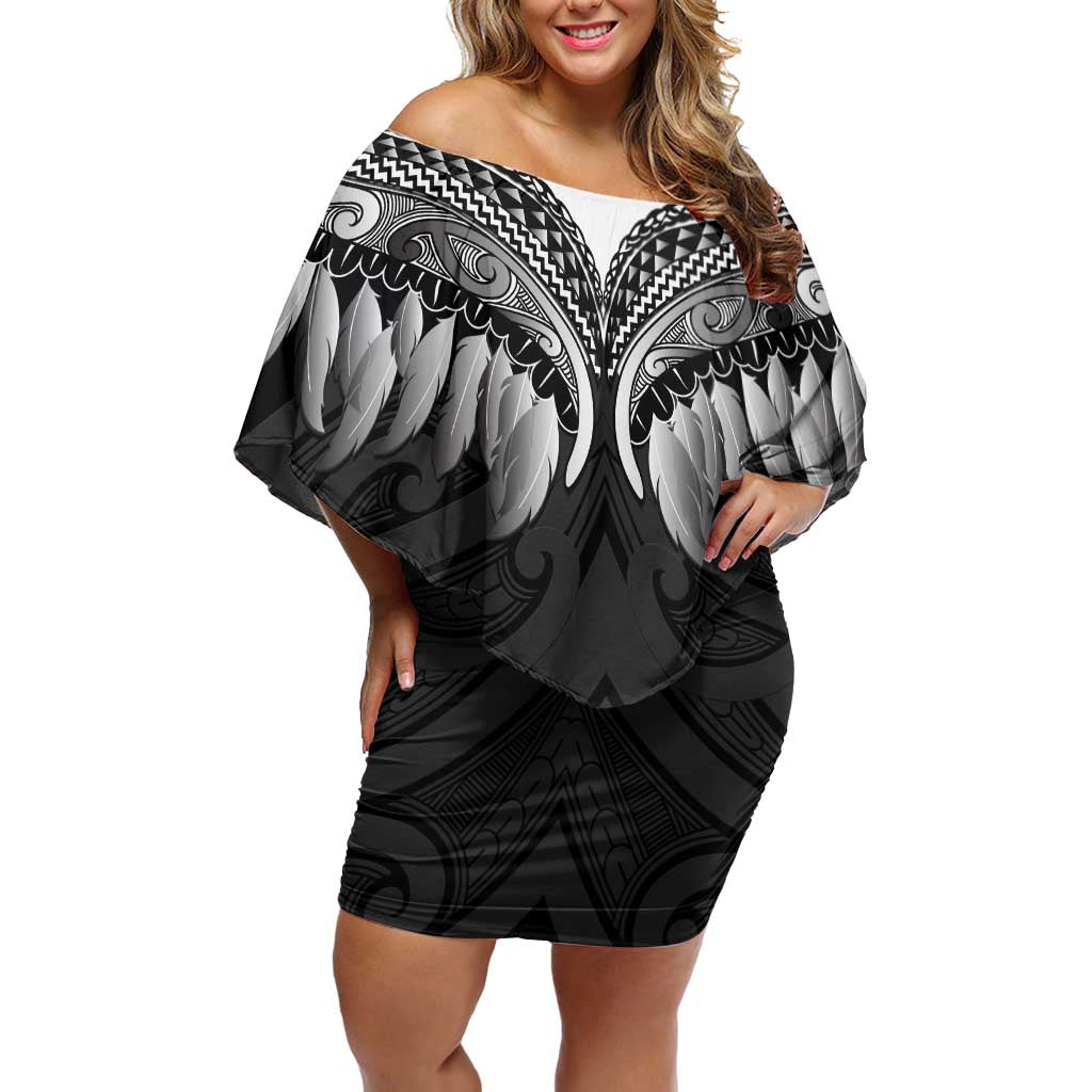 Poutama Korowai New Zealand Family Matching Off Shoulder Short Dress and Hawaiian Shirt Aotearoa Maori Tattoo LT14 Mom's Dress Black - Polynesian Pride
