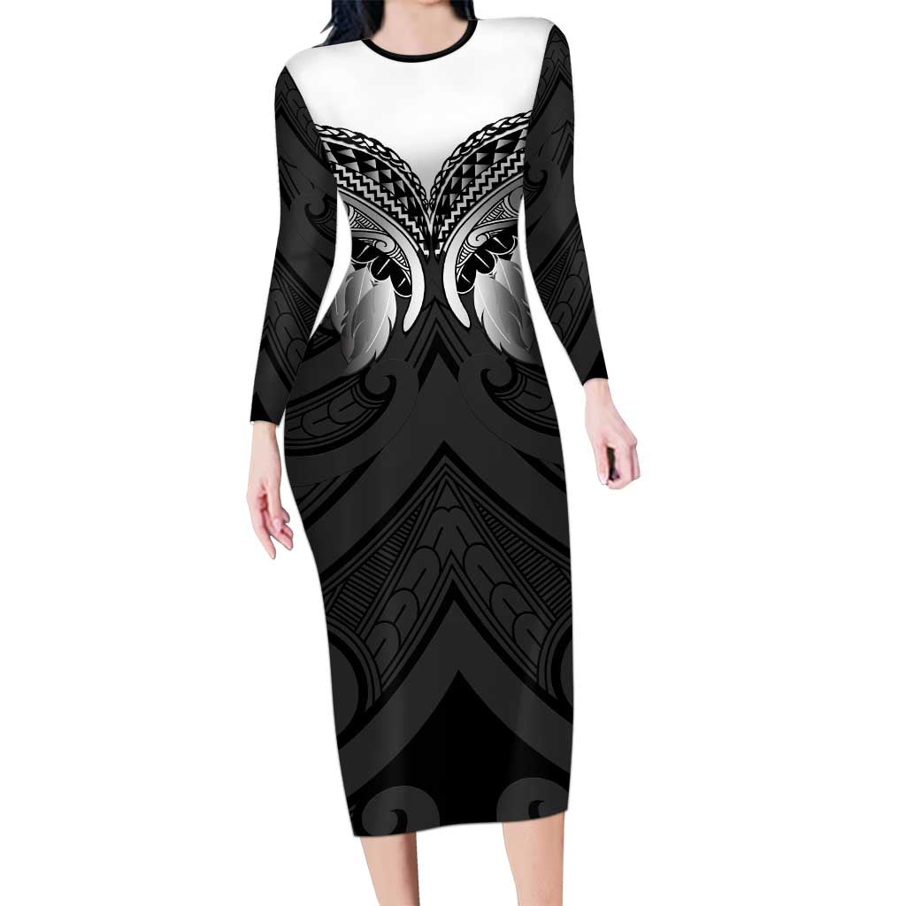 Poutama Korowai New Zealand Long Sleeve Bodycon Dress Aotearoa Maori Tattoo LT14 Long Dress Black - Polynesian Pride