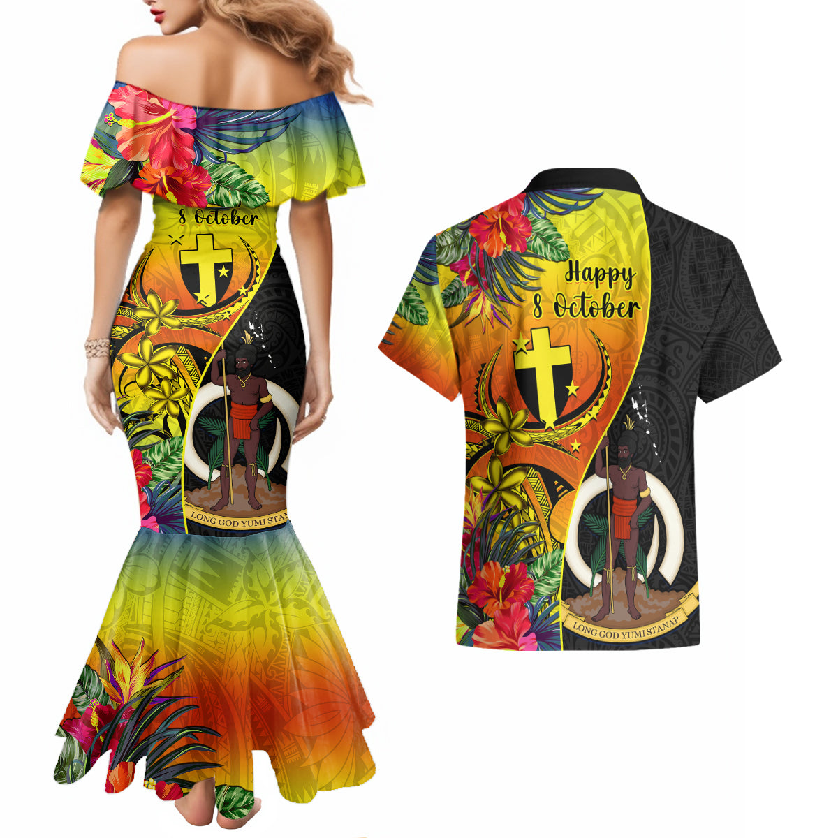 vanuatu-tafea-day-couples-matching-mermaid-dress-and-hawaiian-shirt-coat-of-arms-mix-tropical-flowers