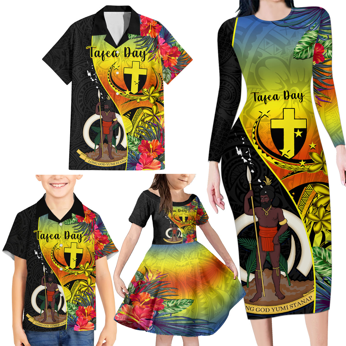 Vanuatu Tafea Day Family Matching Long Sleeve Bodycon Dress and Hawaiian Shirt Coat Of Arms Mix Tropical Flowers LT14 - Polynesian Pride