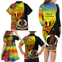 Vanuatu Tafea Day Family Matching Long Sleeve Bodycon Dress and Hawaiian Shirt Coat Of Arms Mix Tropical Flowers LT14 - Polynesian Pride