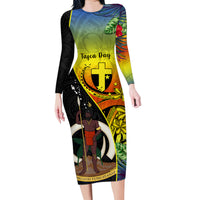Vanuatu Tafea Day Family Matching Long Sleeve Bodycon Dress and Hawaiian Shirt Coat Of Arms Mix Tropical Flowers LT14 Mom's Dress Black - Polynesian Pride