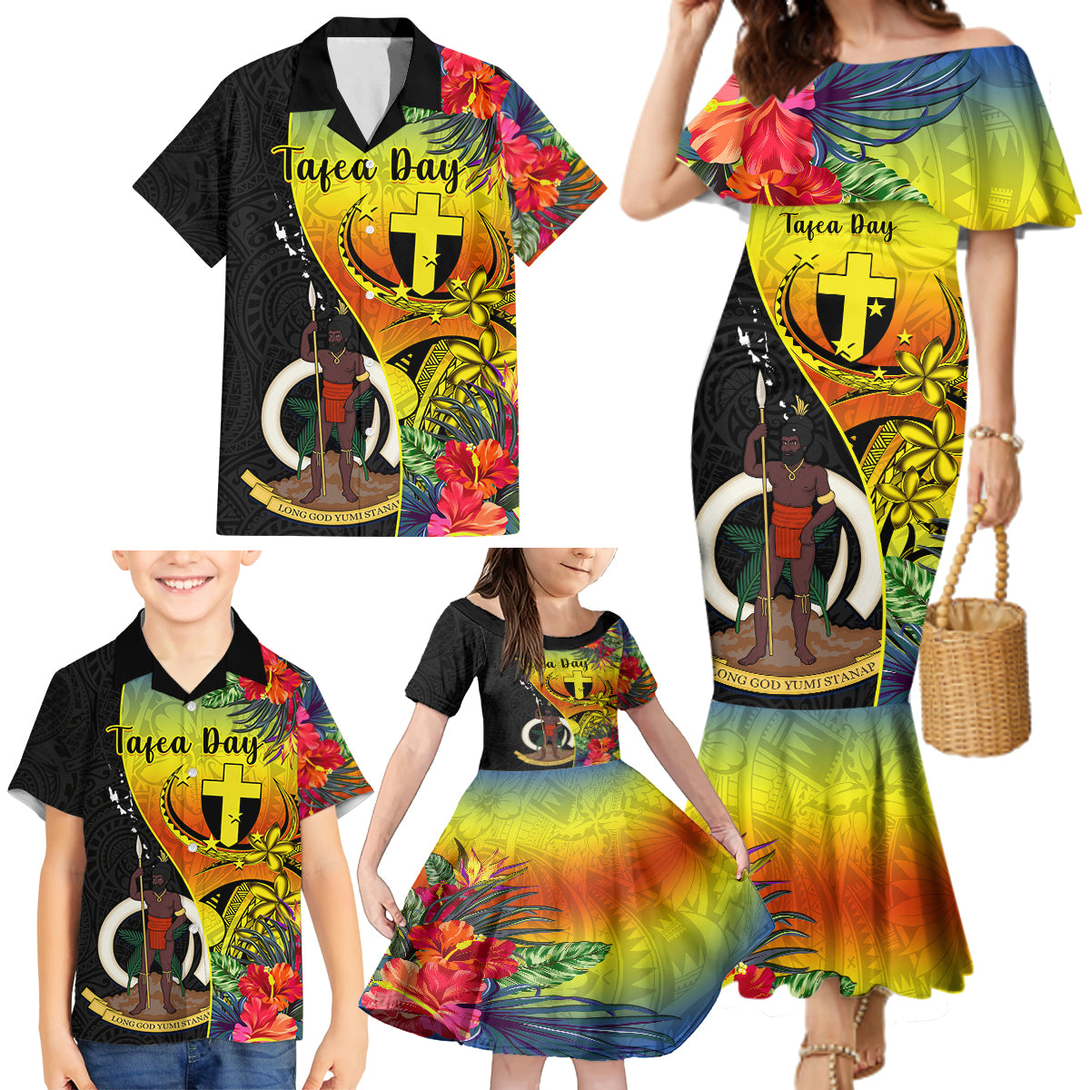 Vanuatu Tafea Day Family Matching Mermaid Dress and Hawaiian Shirt Coat Of Arms Mix Tropical Flowers LT14 - Polynesian Pride