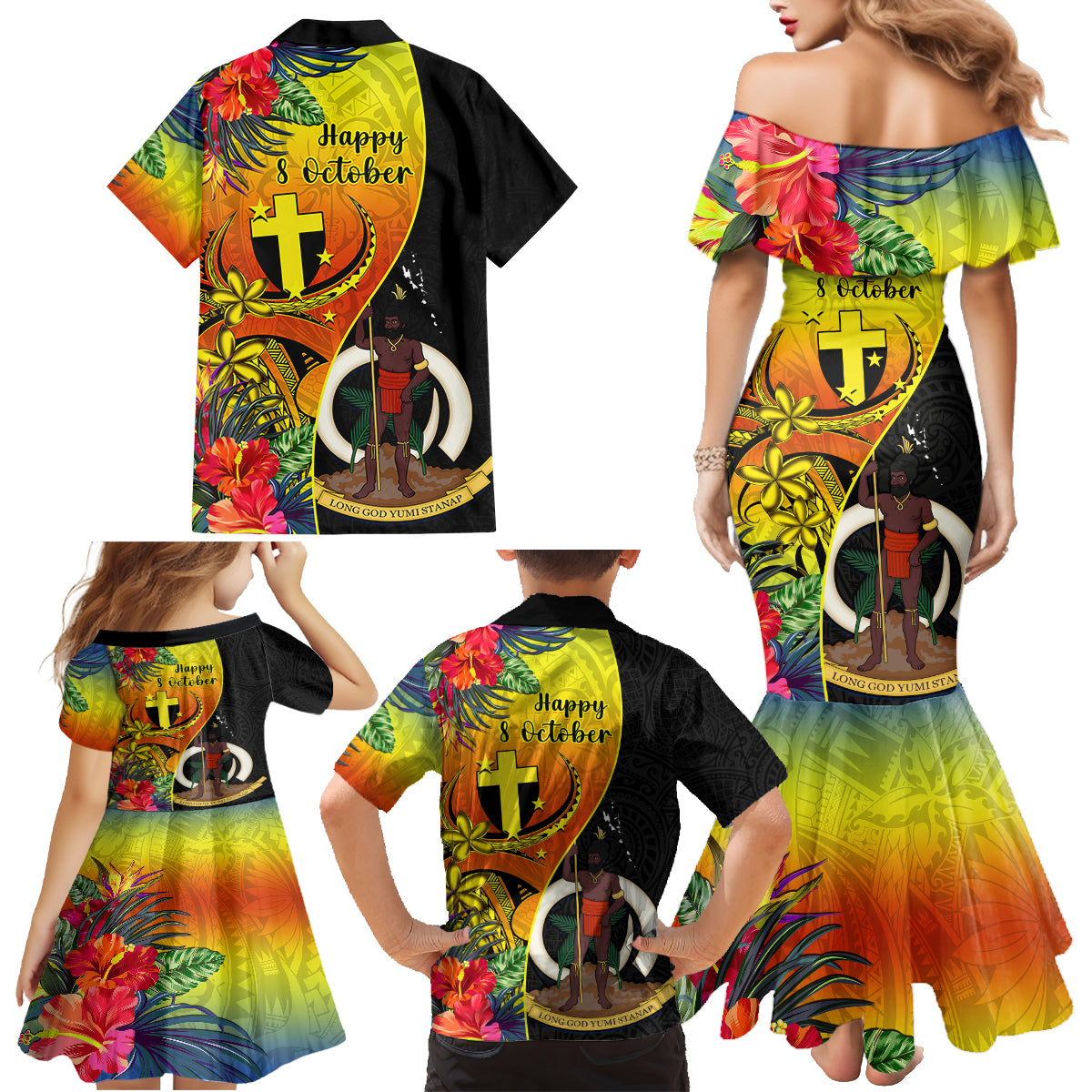 Vanuatu Tafea Day Family Matching Mermaid Dress and Hawaiian Shirt Coat Of Arms Mix Tropical Flowers LT14 - Polynesian Pride
