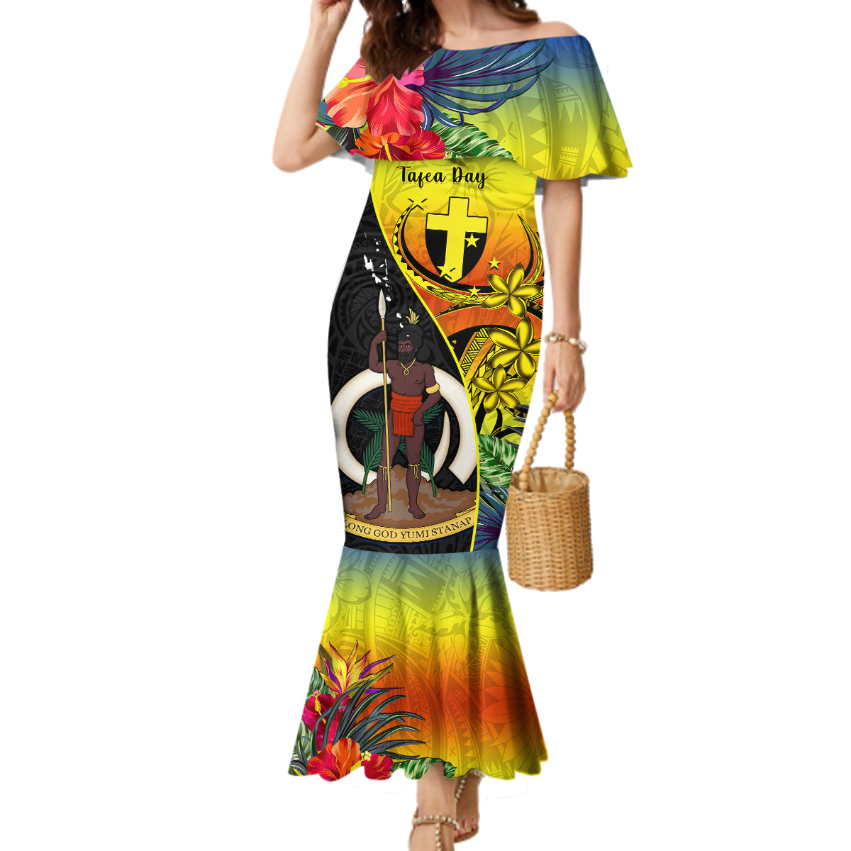 Vanuatu Tafea Day Family Matching Mermaid Dress and Hawaiian Shirt Coat Of Arms Mix Tropical Flowers LT14 Mom's Dress Black - Polynesian Pride