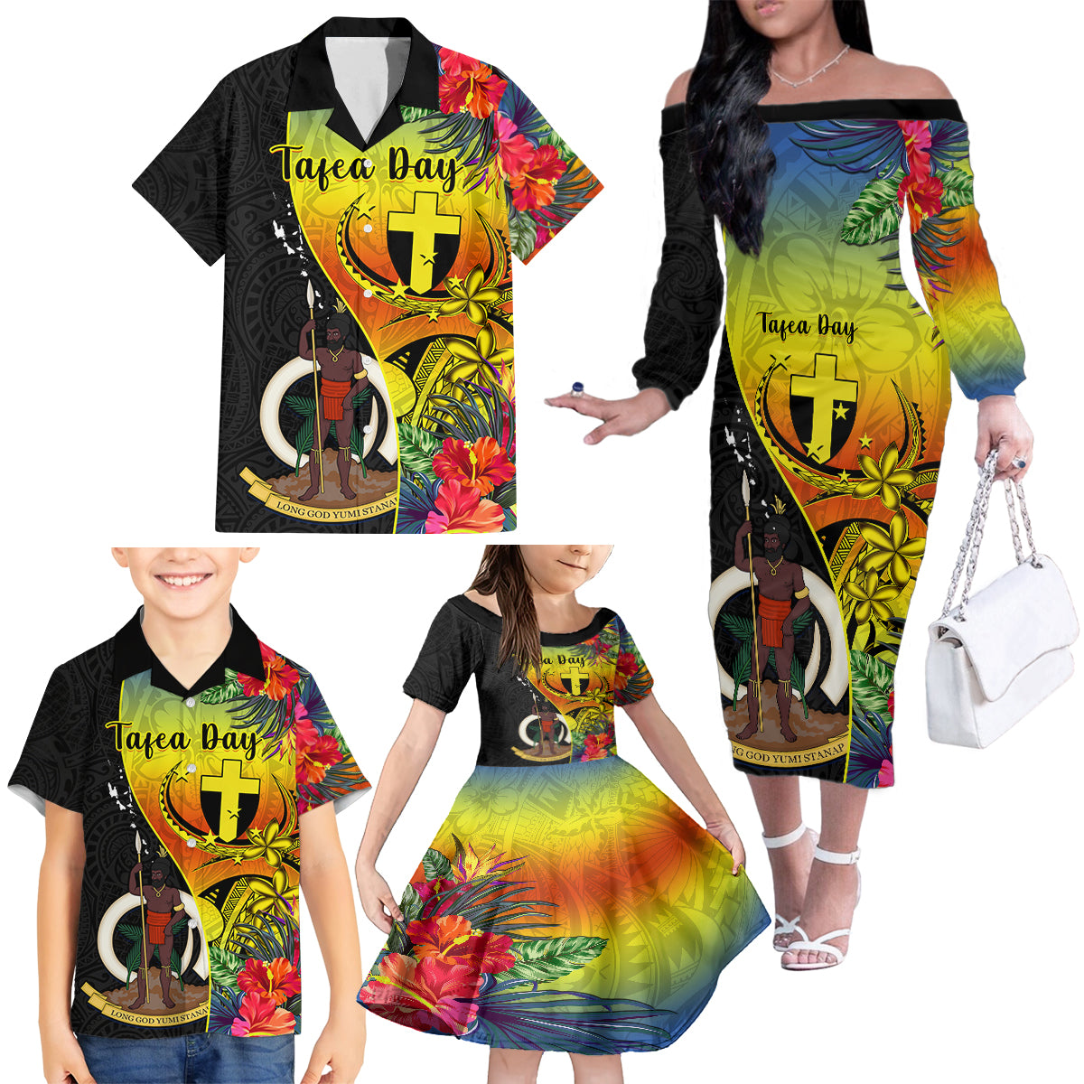 Vanuatu Tafea Day Family Matching Off Shoulder Long Sleeve Dress and Hawaiian Shirt Coat Of Arms Mix Tropical Flowers LT14 - Polynesian Pride