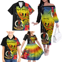 Vanuatu Tafea Day Family Matching Off Shoulder Long Sleeve Dress and Hawaiian Shirt Coat Of Arms Mix Tropical Flowers LT14 - Polynesian Pride