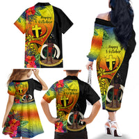 Vanuatu Tafea Day Family Matching Off Shoulder Long Sleeve Dress and Hawaiian Shirt Coat Of Arms Mix Tropical Flowers LT14 - Polynesian Pride