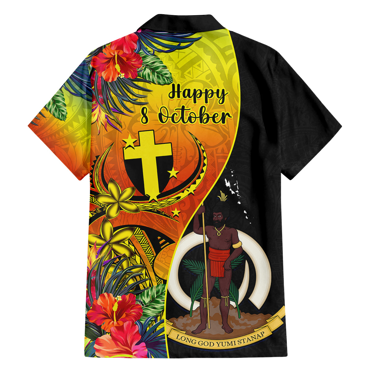 Vanuatu Tafea Day Family Matching Off Shoulder Long Sleeve Dress and Hawaiian Shirt Coat Of Arms Mix Tropical Flowers LT14 - Polynesian Pride