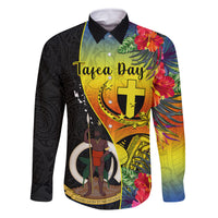 Vanuatu Tafea Day Family Matching Off Shoulder Long Sleeve Dress and Hawaiian Shirt Coat Of Arms Mix Tropical Flowers LT14 Dad's Shirt - Long Sleeve Black - Polynesian Pride