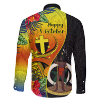 Vanuatu Tafea Day Family Matching Off Shoulder Long Sleeve Dress and Hawaiian Shirt Coat Of Arms Mix Tropical Flowers LT14 - Polynesian Pride