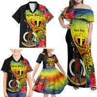 Vanuatu Tafea Day Family Matching Off Shoulder Maxi Dress and Hawaiian Shirt Coat Of Arms Mix Tropical Flowers LT14 - Polynesian Pride