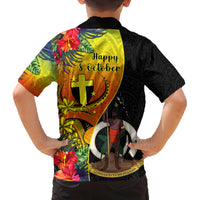 Vanuatu Tafea Day Family Matching Off Shoulder Short Dress and Hawaiian Shirt Coat Of Arms Mix Tropical Flowers LT14 - Polynesian Pride