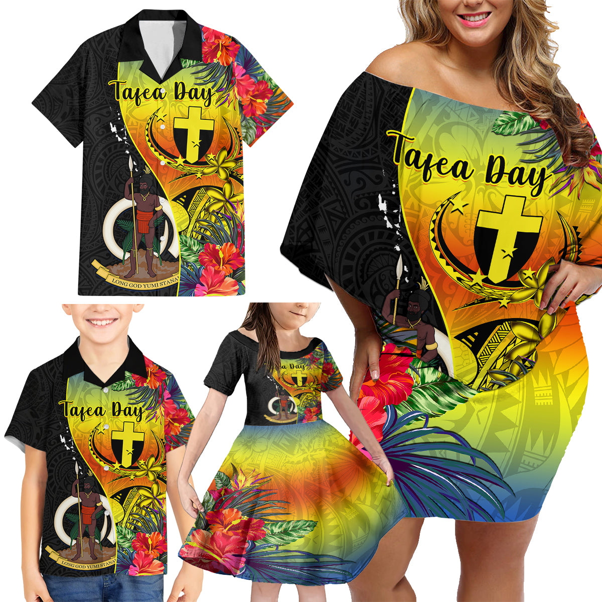 Vanuatu Tafea Day Family Matching Off Shoulder Short Dress and Hawaiian Shirt Coat Of Arms Mix Tropical Flowers LT14 - Polynesian Pride