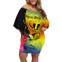 Vanuatu Tafea Day Family Matching Off Shoulder Short Dress and Hawaiian Shirt Coat Of Arms Mix Tropical Flowers LT14 Mom's Dress Black - Polynesian Pride
