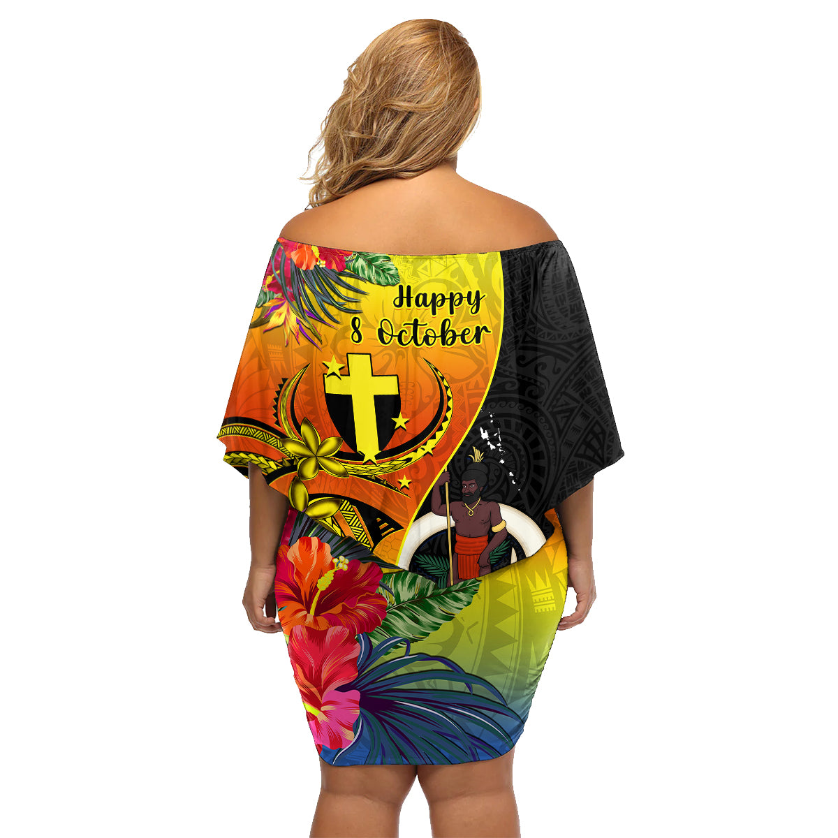 Vanuatu Tafea Day Family Matching Off Shoulder Short Dress and Hawaiian Shirt Coat Of Arms Mix Tropical Flowers LT14 - Polynesian Pride