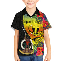 Vanuatu Tafea Day Family Matching Off Shoulder Short Dress and Hawaiian Shirt Coat Of Arms Mix Tropical Flowers LT14 Son's Shirt Black - Polynesian Pride