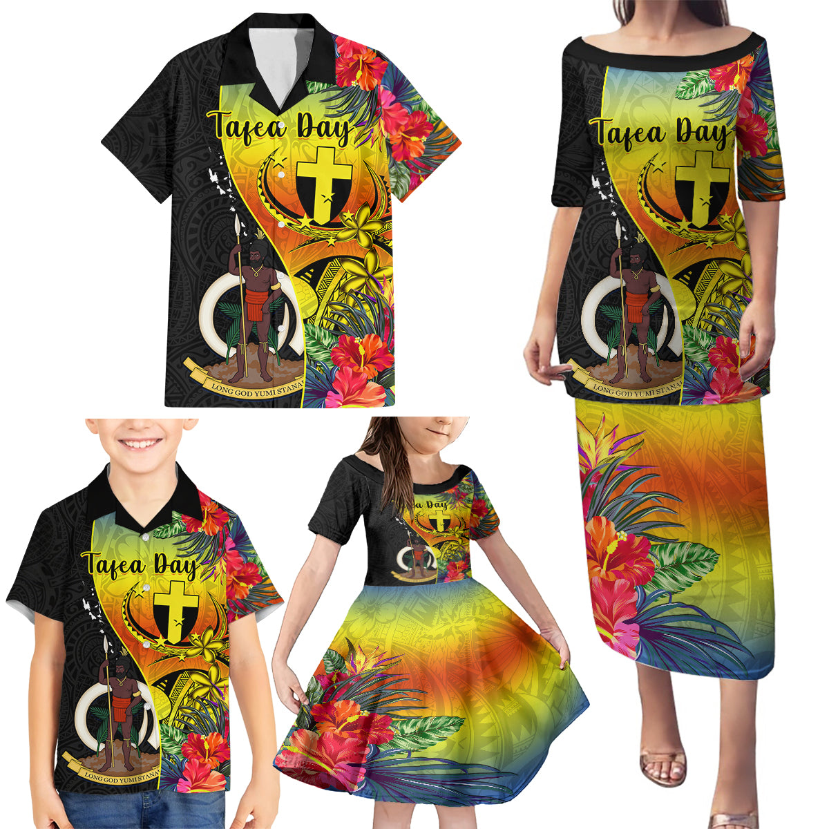 Vanuatu Tafea Day Family Matching Puletasi Dress and Hawaiian Shirt Coat Of Arms Mix Tropical Flowers LT14 - Polynesian Pride