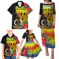 Vanuatu Tafea Day Family Matching Puletasi Dress and Hawaiian Shirt Coat Of Arms Mix Tropical Flowers LT14 - Polynesian Pride